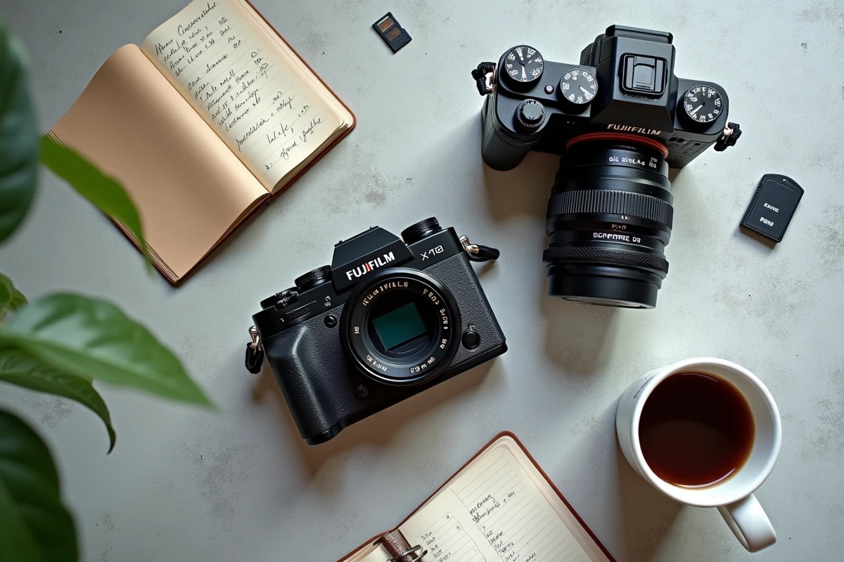 Vue à plat comparant le Fujifilm X-T20 mirrorless et un reflex numérique côte à côte avec accessoires photo sur surface en béton, pour illustrer le changement de système au quotidien