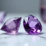 Comparaison côte à côte d'une améthyste naturelle violette et d'une pierre synthétique sur marbre blanc, vue macro de gemmologue