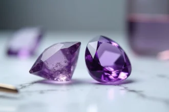 Comparaison côte à côte d'une améthyste naturelle violette et d'une pierre synthétique sur marbre blanc, vue macro de gemmologue