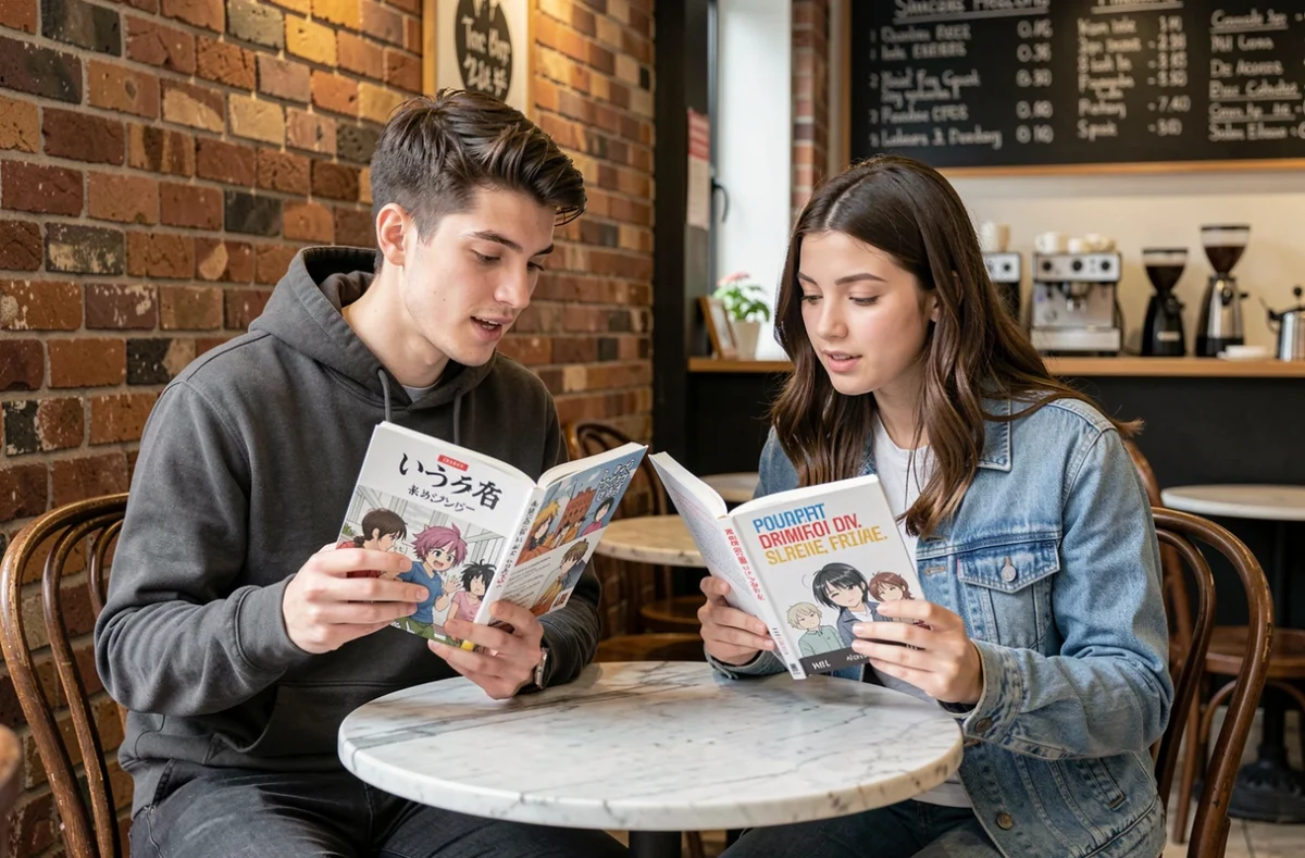 Deux lecteurs comparant la version originale japonaise et la version française d'un manga One Piece dans un café urbain