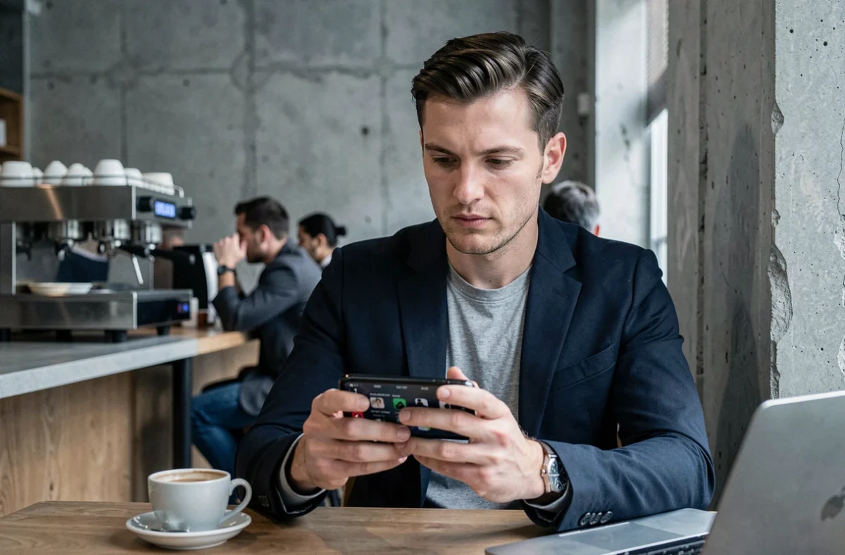 Homme utilisant une application de visualisation anonyme de stories Instagram dans un café urbain moderne