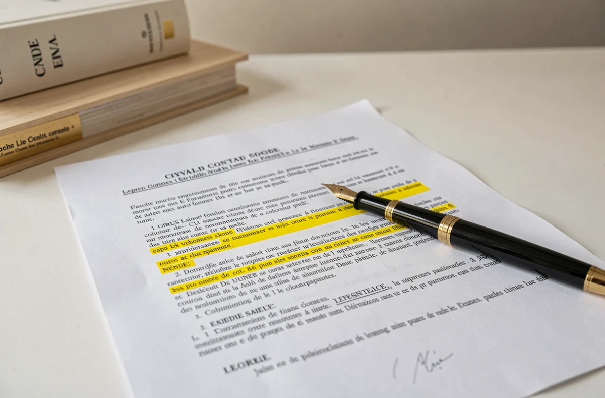 Gros plan sur un contrat juridique annoté avec des clauses surlignées et un stylo plume, symbolisant la caducité des clauses essentielles dans le code civil