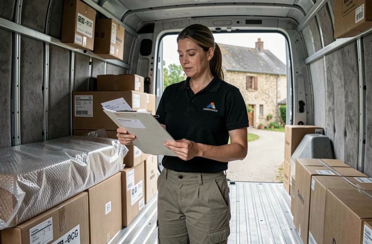 Coordinatrice de déménagement vérifiant un inventaire à l'intérieur d'un camion de déménagement dans l'Indre