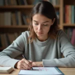 Femme corrigeant des fautes d'orthographe sur un document manuscrit avec des annotations en rouge dans un bureau à domicile