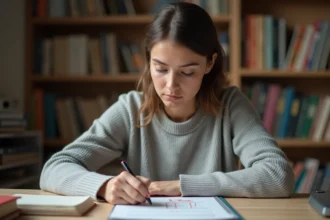 Femme corrigeant des fautes d'orthographe sur un document manuscrit avec des annotations en rouge dans un bureau à domicile