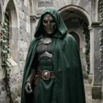 Cosplayer incarnant Victor von Doom en armure verte et masque de fer dans un couloir de château médiéval