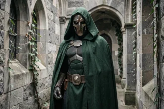 Cosplayer incarnant Victor von Doom en armure verte et masque de fer dans un couloir de château médiéval