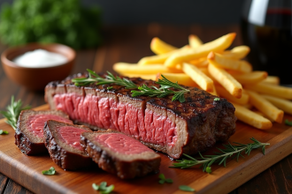 Côte de boeuf grillée tranchée sur planche en bois