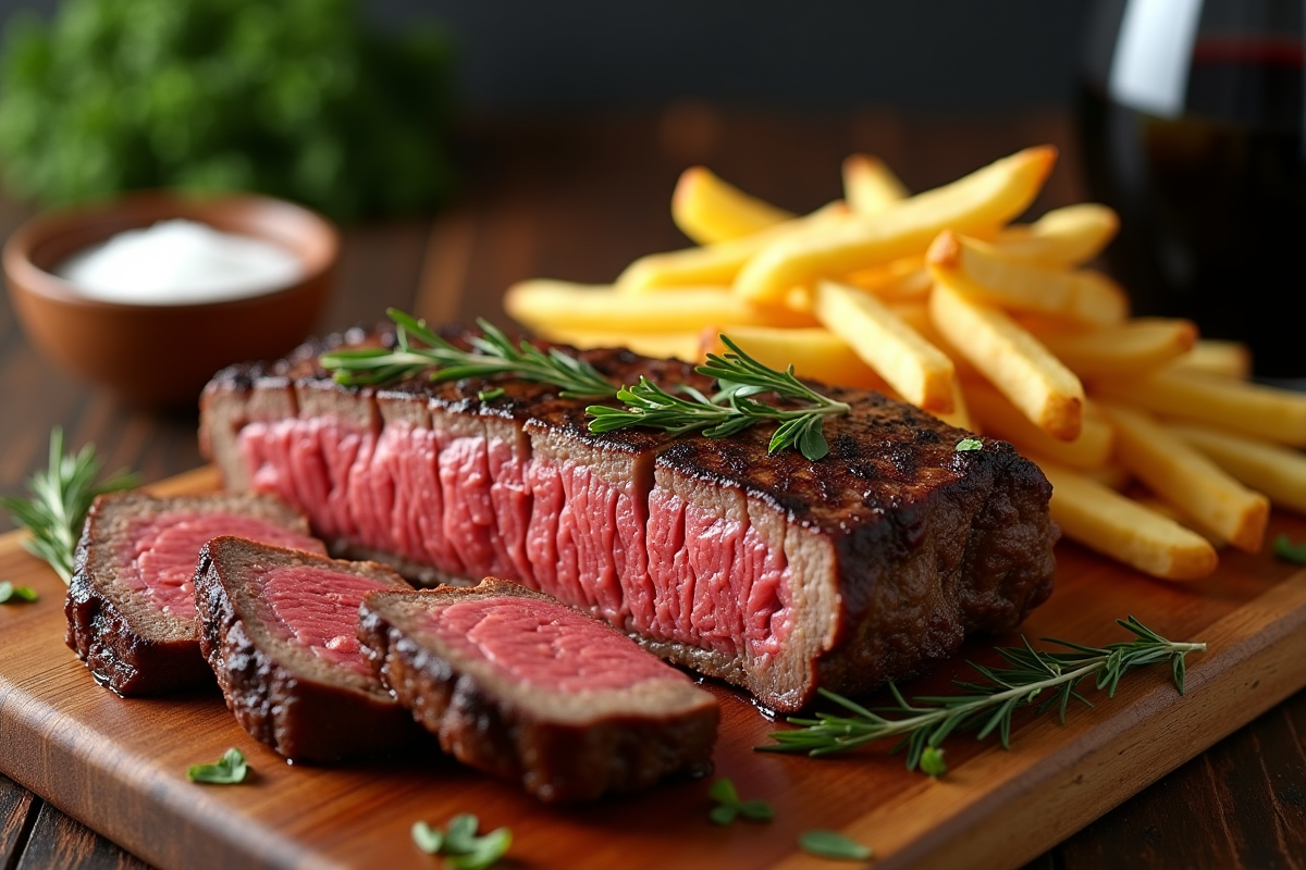 Côte de boeuf grillée tranchée sur planche en bois