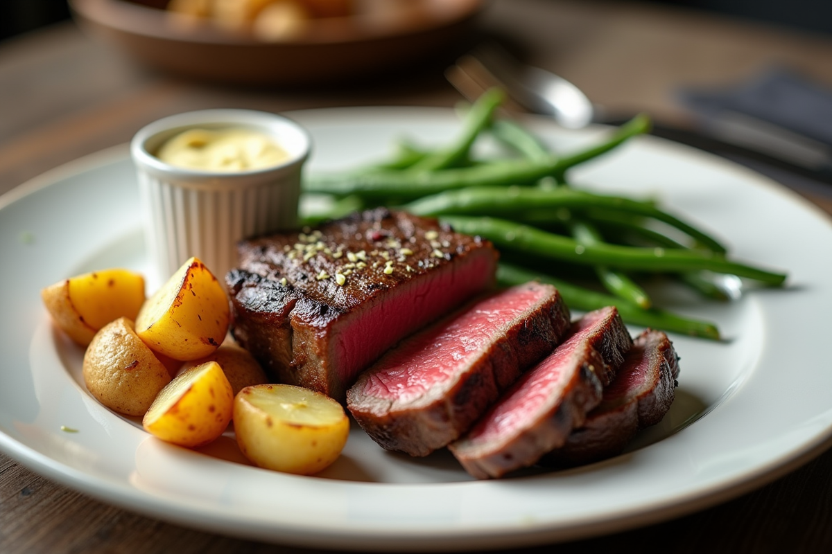 Côte de boeuf servie avec pommes de terre et haricots verts
