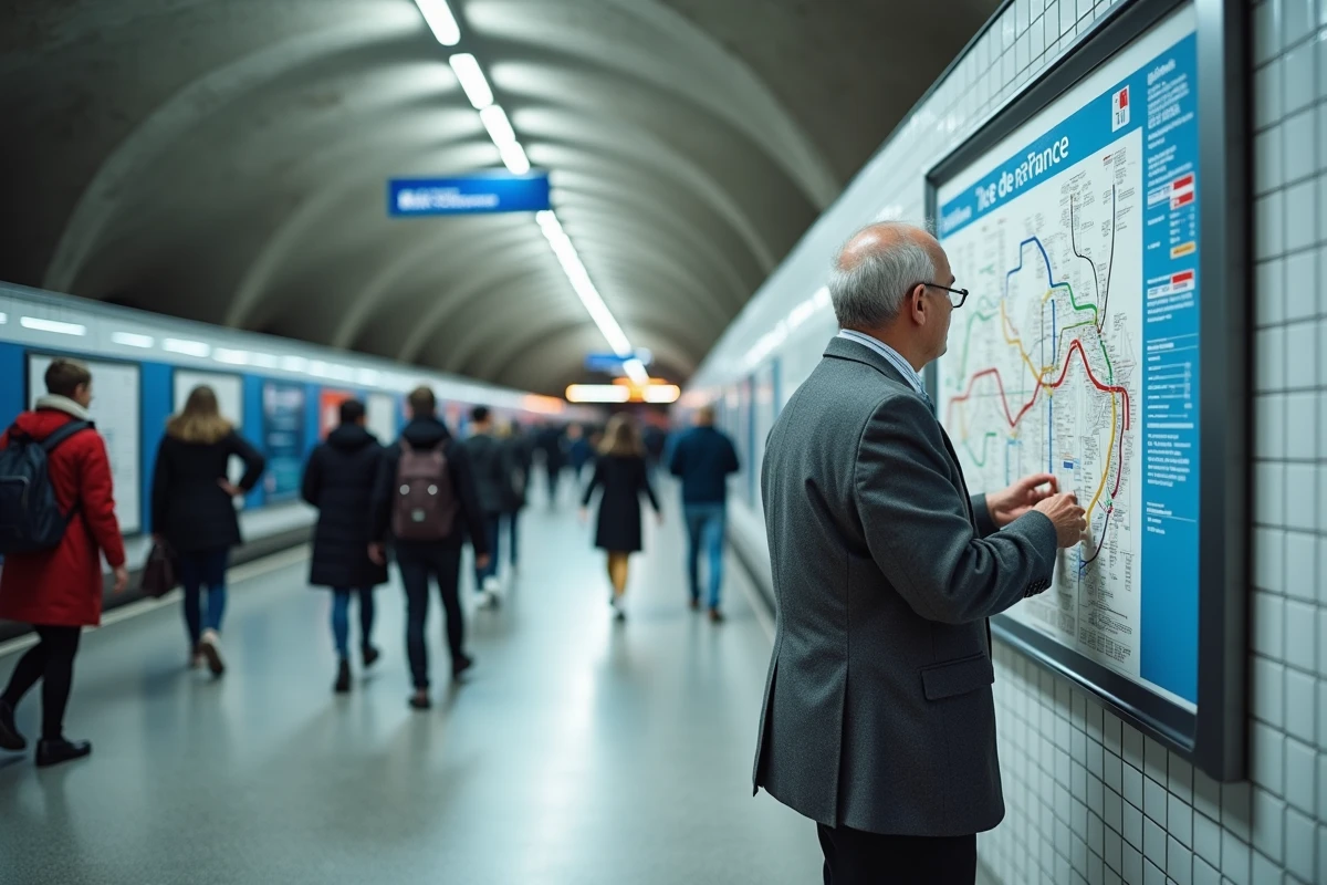 Vue grand angle d'un couloir de gare RER en Île-de-France avec panneau de plan officiel et voyageurs