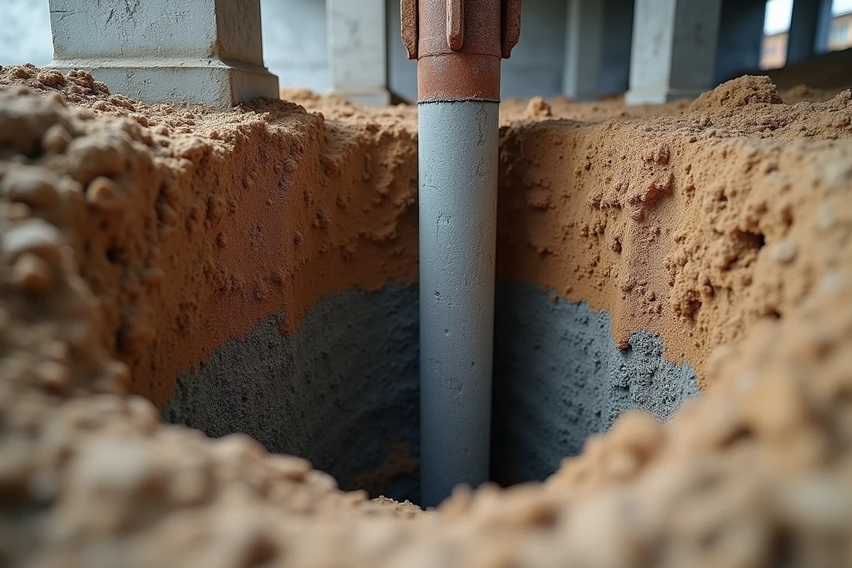 Coupe transversale d'un micropieu en béton armé dans un forage étroit sous une fondation existante en sous-sol
