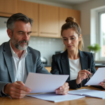 Couple d'adultes avec clés et dossiers dans une cuisine moderne