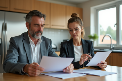 Couple d'adultes avec clés et dossiers dans une cuisine moderne