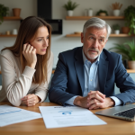 Couple d'adultes discutant de documents immobiliers à la maison