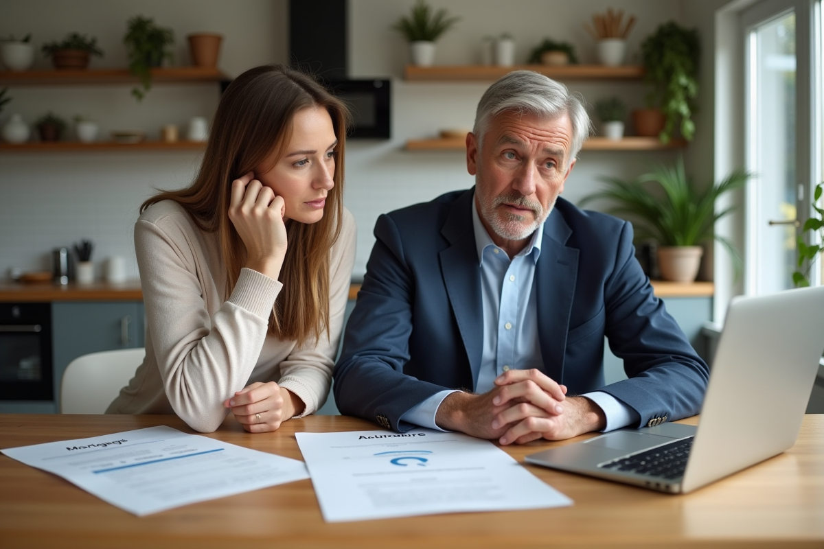 Couple d'adultes discutant de documents immobiliers à la maison
