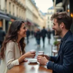 Couple complice attablé en terrasse de café parisien, souriant et discutant dans une ambiance urbaine décontractée