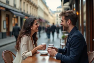 Couple complice attablé en terrasse de café parisien, souriant et discutant dans une ambiance urbaine décontractée