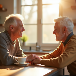 Couple de seniors souriants autour d'un café au matin