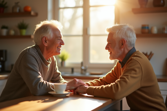 Couple de seniors souriants autour d'un café au matin
