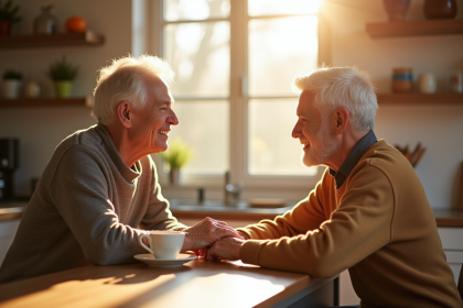 Couple de seniors souriants autour d'un café au matin