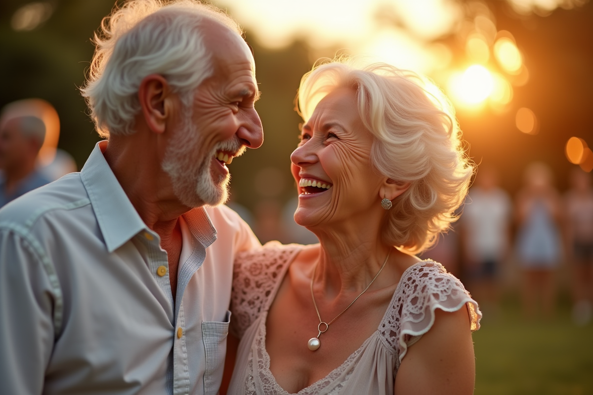 Couple agee riant lors d une fete dans le jardin