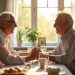 Couple agee tenant la main sur une table lumineuse