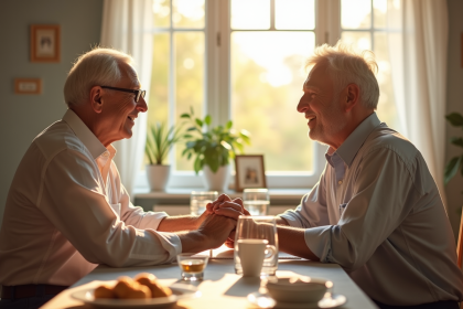 Couple agee tenant la main sur une table lumineuse