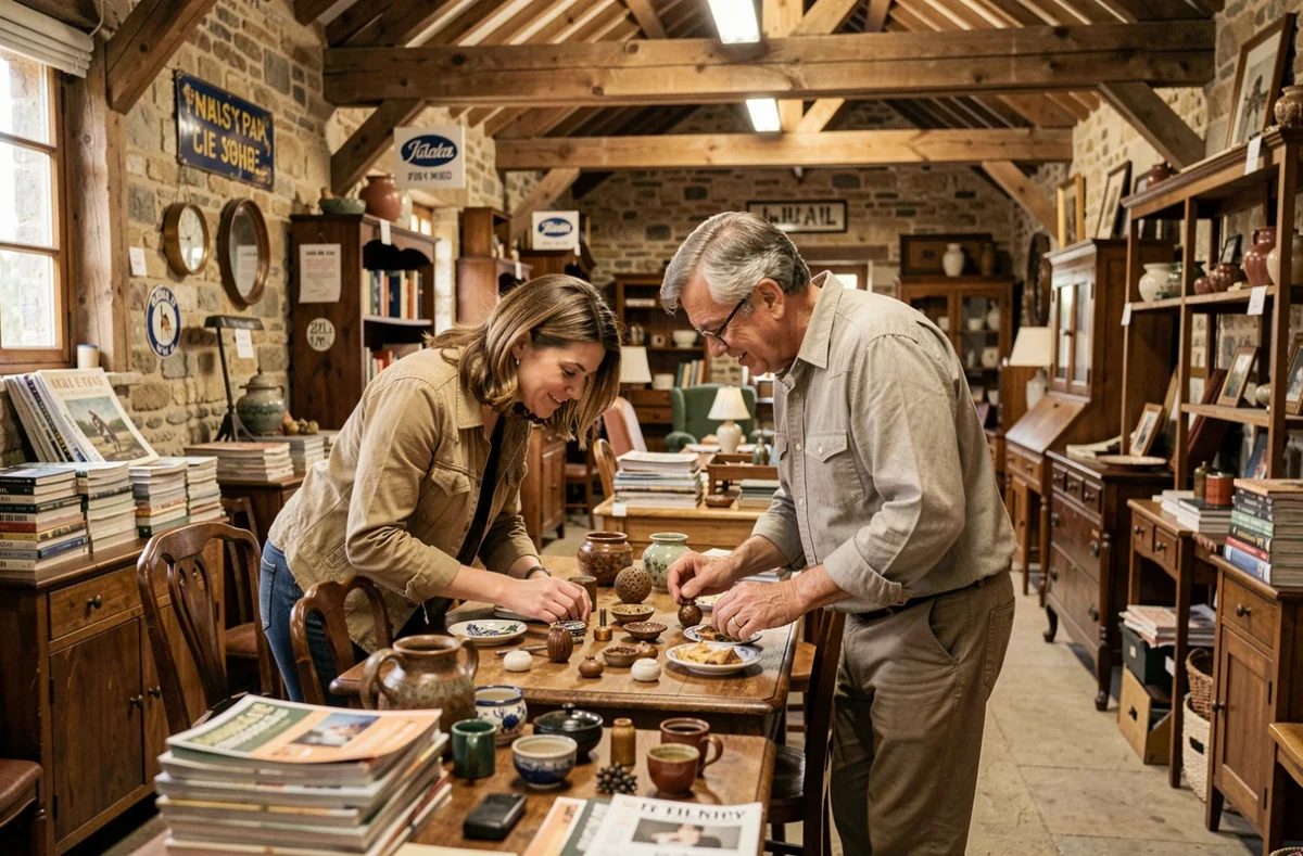 Couple inspectant des objets vintage à l'intérieur d'une salle de brocante rustique avec poutres apparentes