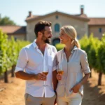 Couple en visite œnotouristique dans un vignoble du sud de la France lors d'une dégustation en plein air