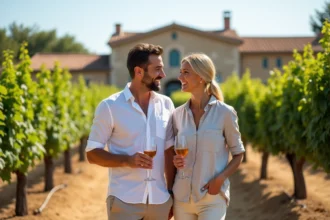 Couple en visite œnotouristique dans un vignoble du sud de la France lors d'une dégustation en plein air