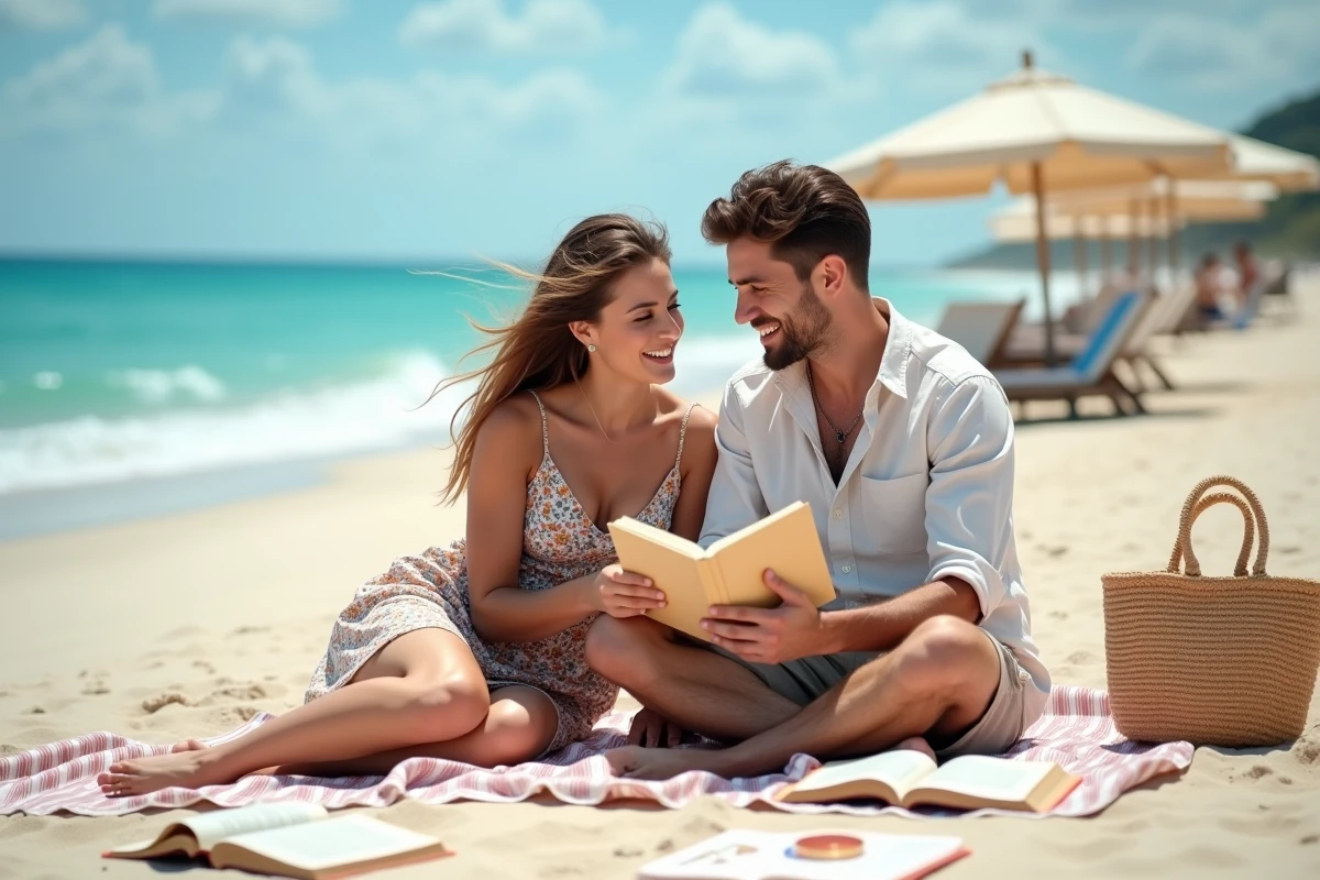Couple souriant partageant un livre sur la plage en été