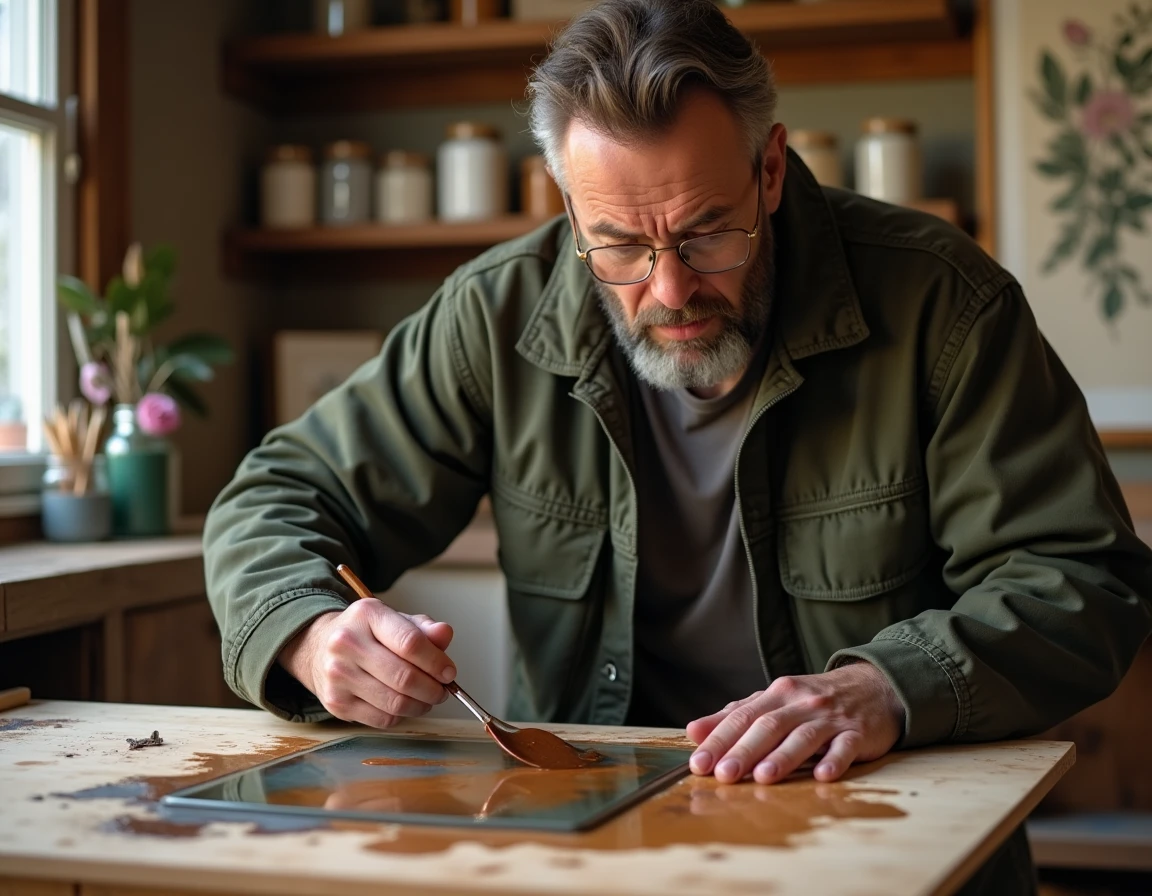 Artiste masculin mélangeant des peintures acryliques avec un couteau de palette pour créer une teinte marron dans un atelier artistique rustique