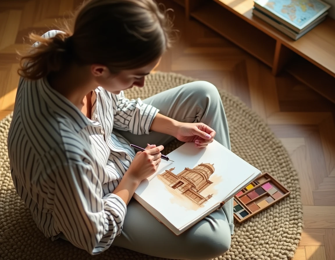 Jeune femme dessinant des croquis architecturaux en couleur marron dans un carnet de voyage avec aquarelles et encre, assise sur un parquet en bois