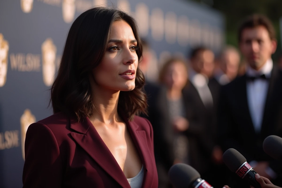 Femme élégante prenant la parole lors d'un événement médiatique officiel, attitude assurée devant des journalistes