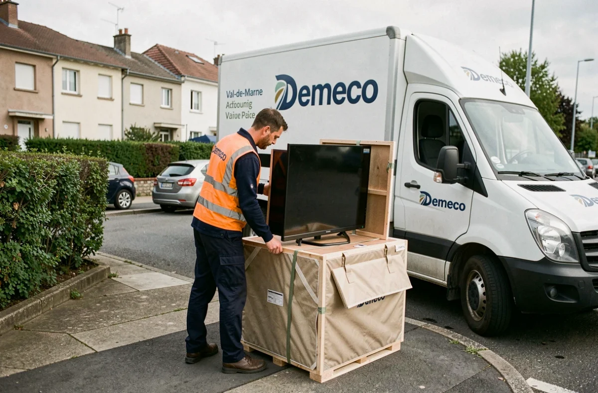 Professionnel Demeco chargeant une télévision dans un camion de déménagement devant une rue résidentielle