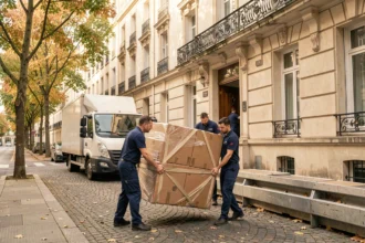Équipe de déménageurs professionnels transportant des cartons devant un immeuble haussmannien dans le Val-de-Marne