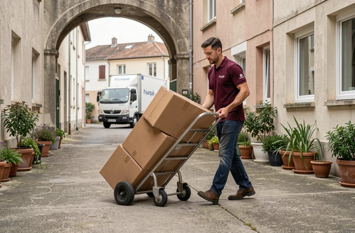 Employé Déménagements Fourquié transportant des cartons avec un diable dans la cour d'un immeuble résidentiel