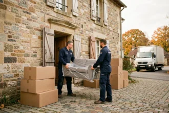 Déménageurs professionnels portant un canapé emballé devant une maison en pierre dans l'Indre
