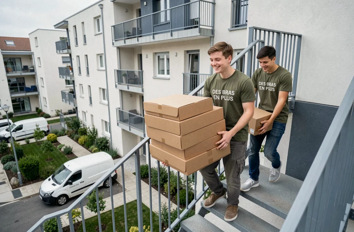 Deux déménageurs De Bras En Plus transportant des cartons dans l'escalier extérieur d'une résidence moderne