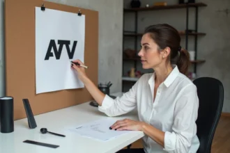 Designer étudiant une charte graphique en noir et blanc épinglée sur un mur en liège dans un studio minimaliste