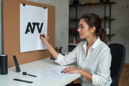 Designer étudiant une charte graphique en noir et blanc épinglée sur un mur en liège dans un studio minimaliste