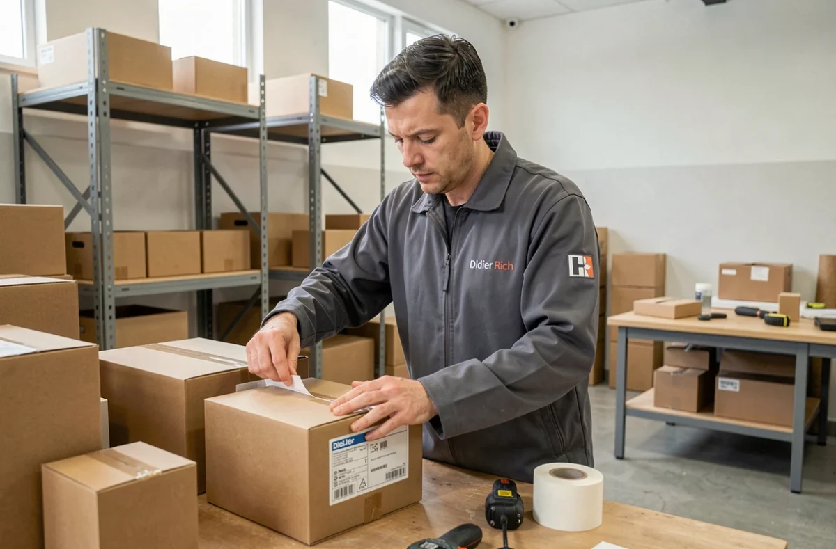 Déménageur Didier Rich étiquetant des cartons dans un espace de préparation professionnel bien organisé
