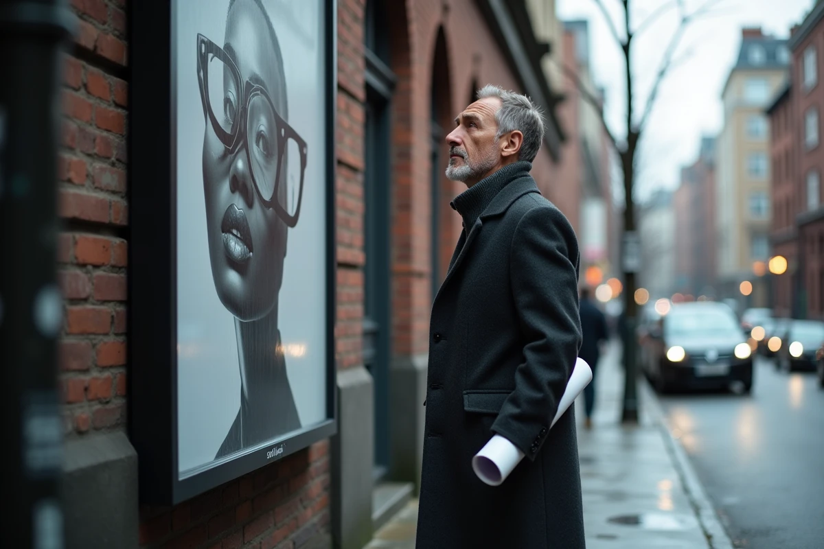 Directeur artistique devant une affiche publicitaire en noir et blanc sur un panneau urbain dans une rue de ville
