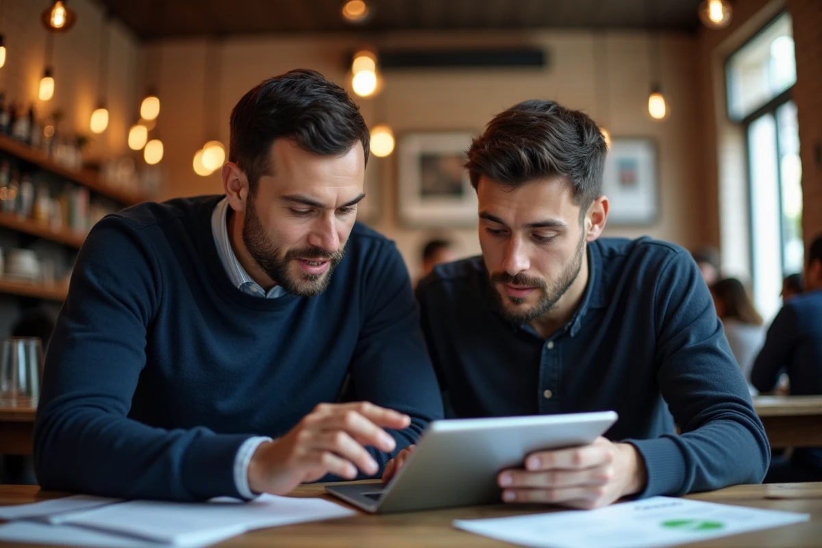 Homme discutant de Nokraf avec collègue dans un café chaleureux