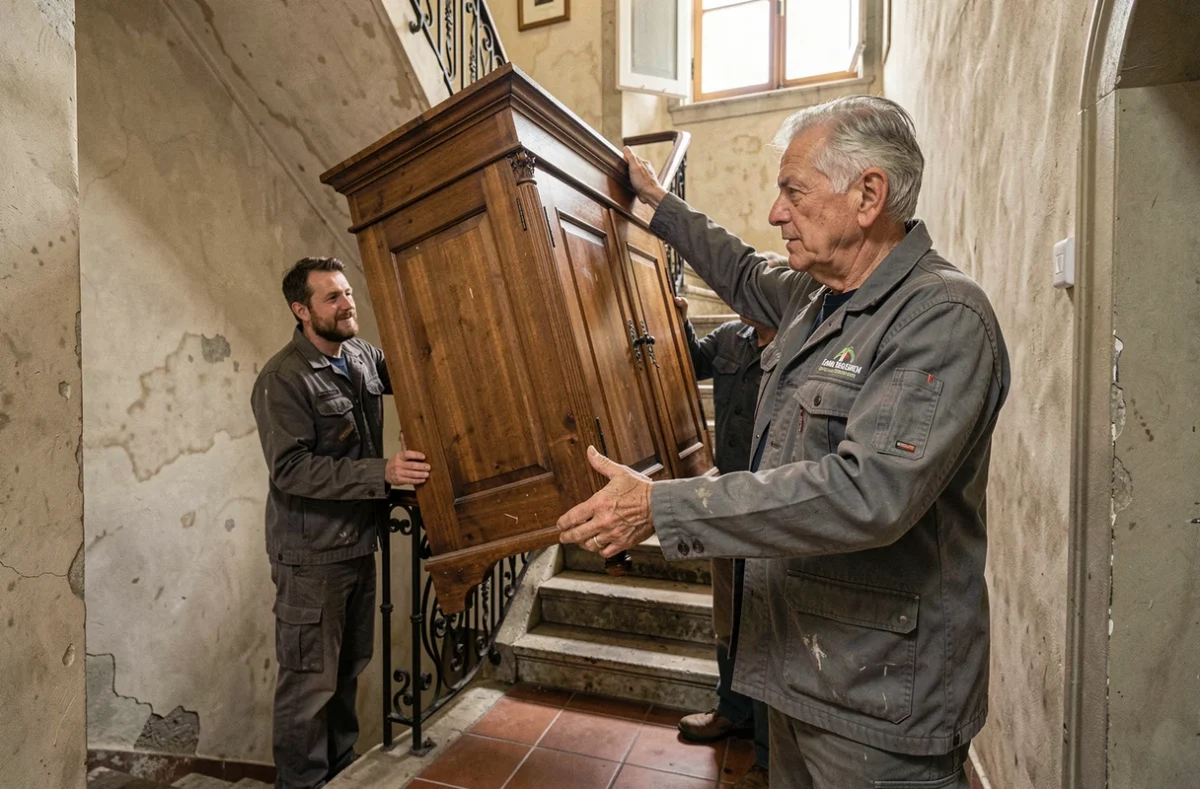 Équipe Drouhin Père et Fils descendant une armoire dans un escalier classique d'immeuble français