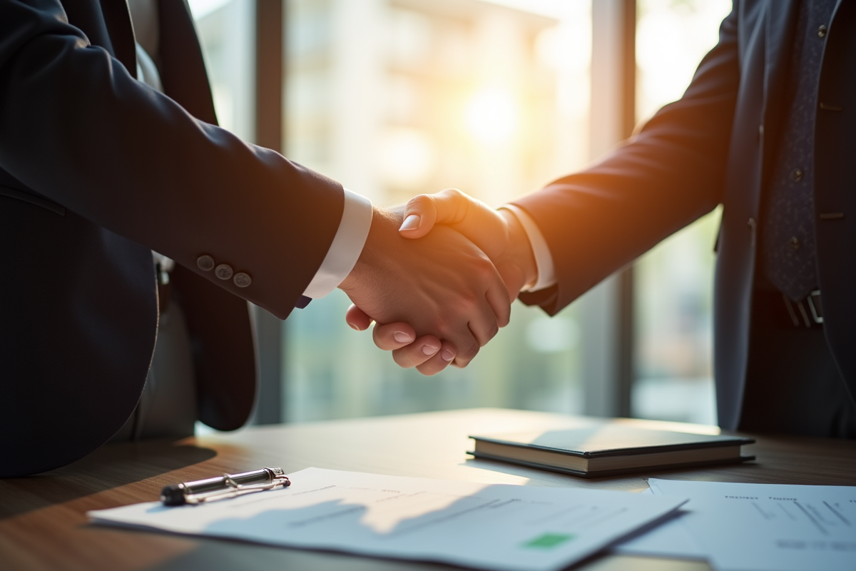 Deux professionnels serrant la main sur une table en réunion