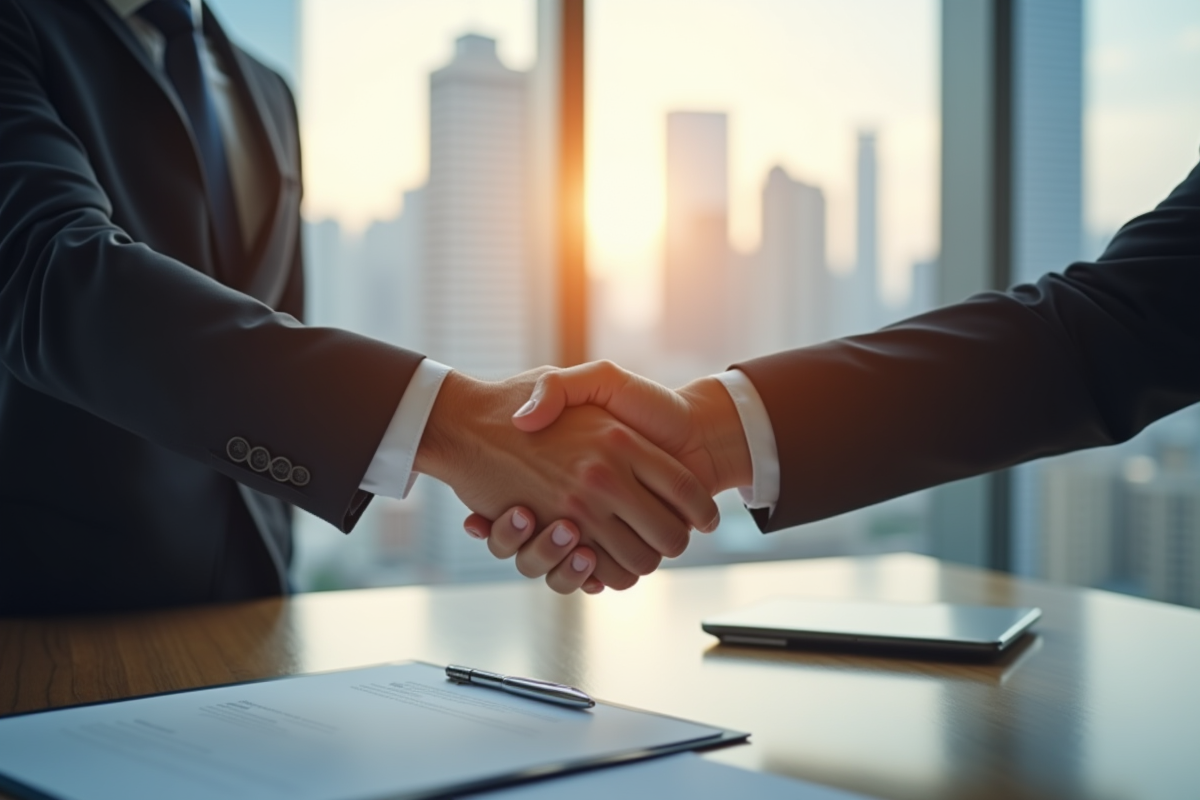 Deux professionnels se serrant la main dans un bureau lumineux