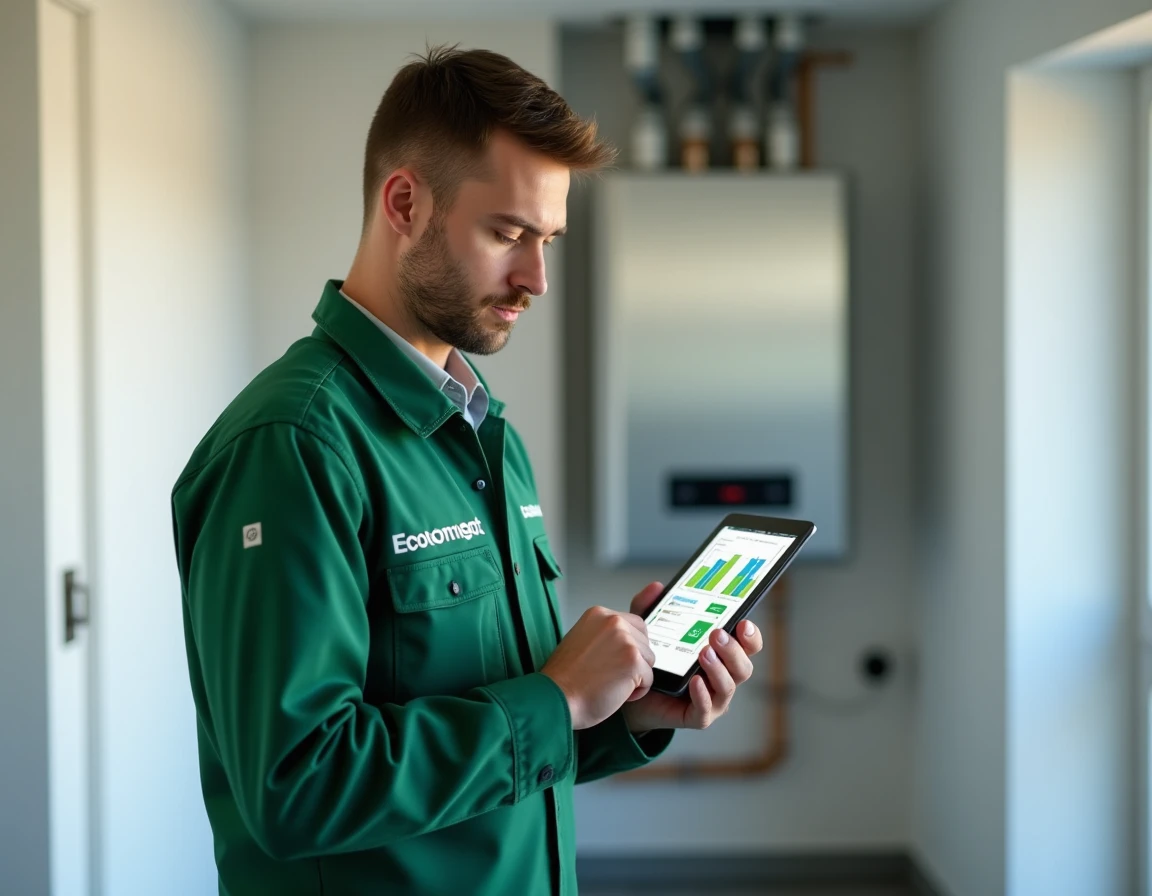 Technicien Ecoconcept 90 réalisant un bilan énergétique avec une pompe à chaleur dans une maison