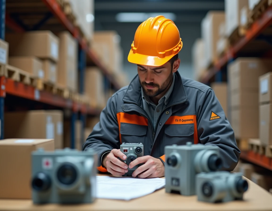 Technicien d'Elec Equipements inspectant des composants électriques industriels dans un entrepôt